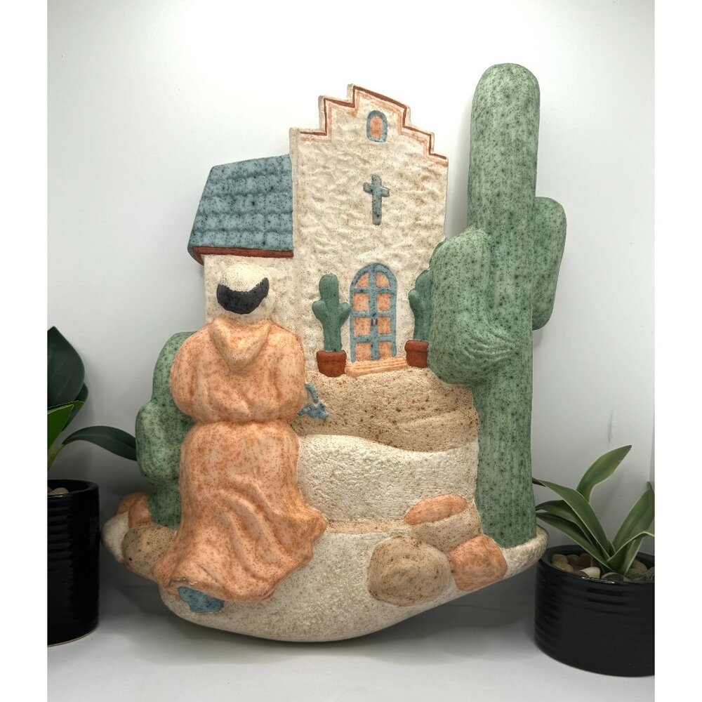 Handcrafted Southwest Wall Art Decor Mexican Church Scene With Cactus & Priest